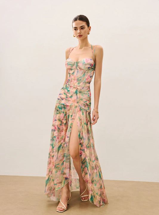 Floral Mesh Corset Slit Maxi Dress
