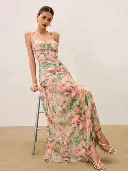 Floral Mesh Corset Slit Maxi Dress