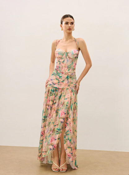 Floral Mesh Corset Slit Maxi Dress