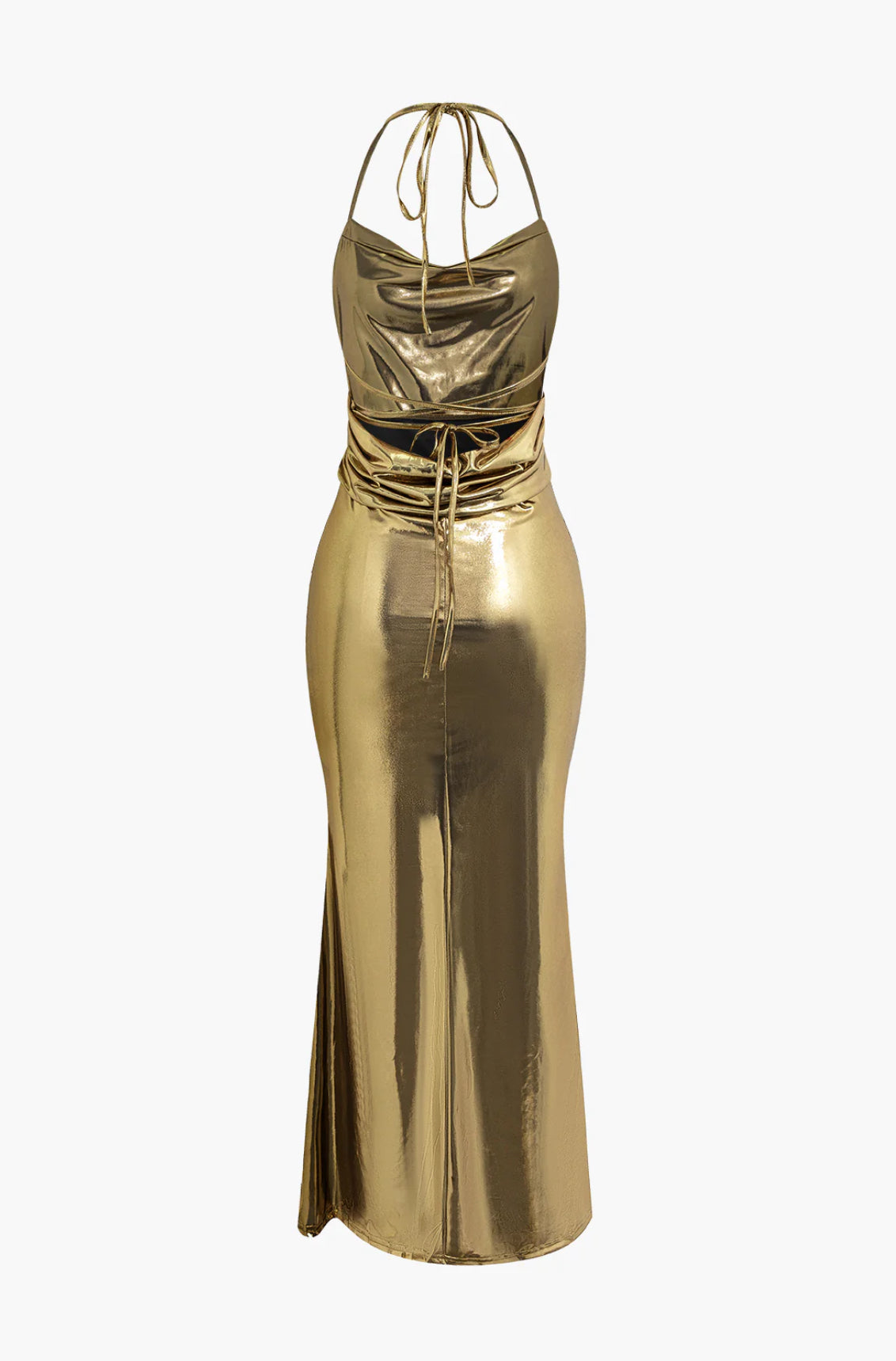 Gold Metallic Halter Backless Dress