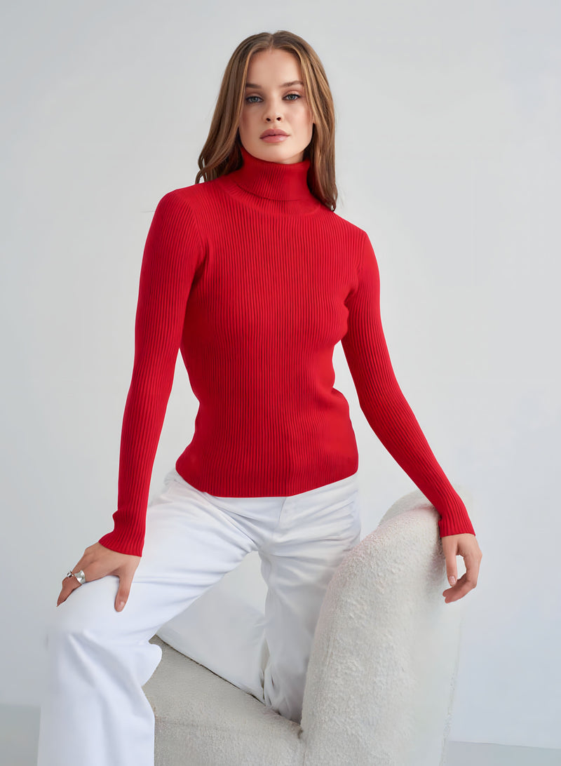 Hot Red Fitted Polo Neck Sweater - Kochila Couture