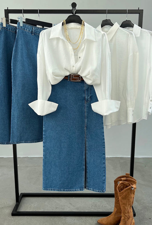 Jane White Satin Shirt & Denim Skirt Set