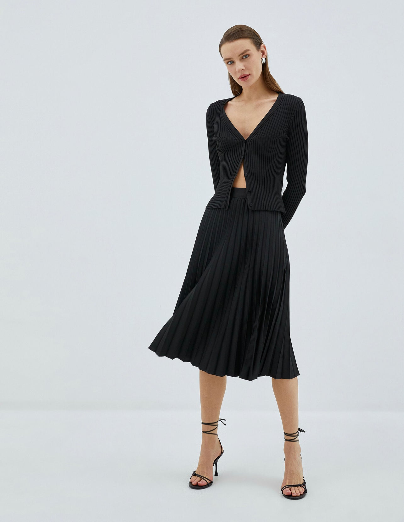 Stella Black Pleated Midi Skirt