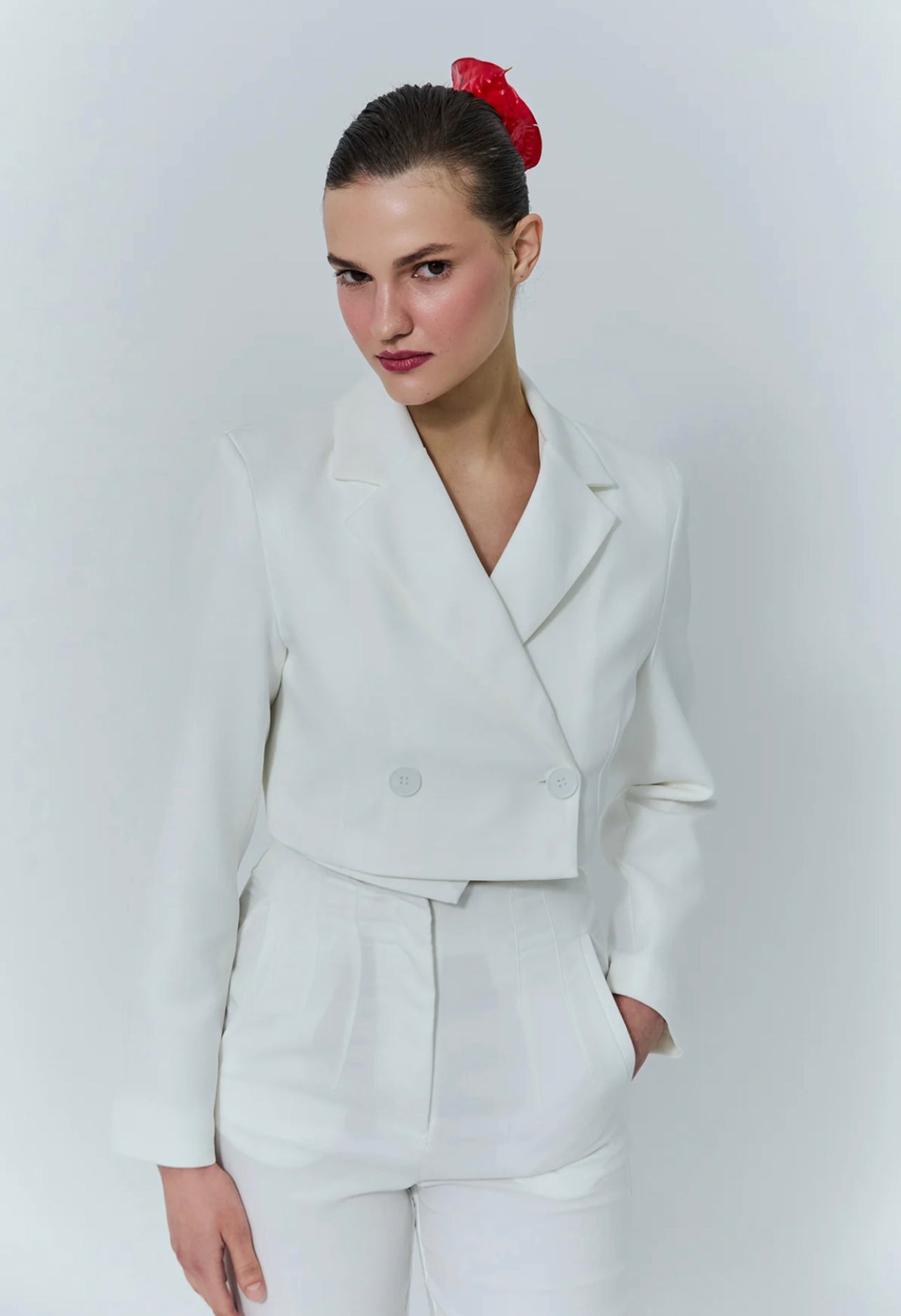 Ivory Double Breasted Cropped Blazer