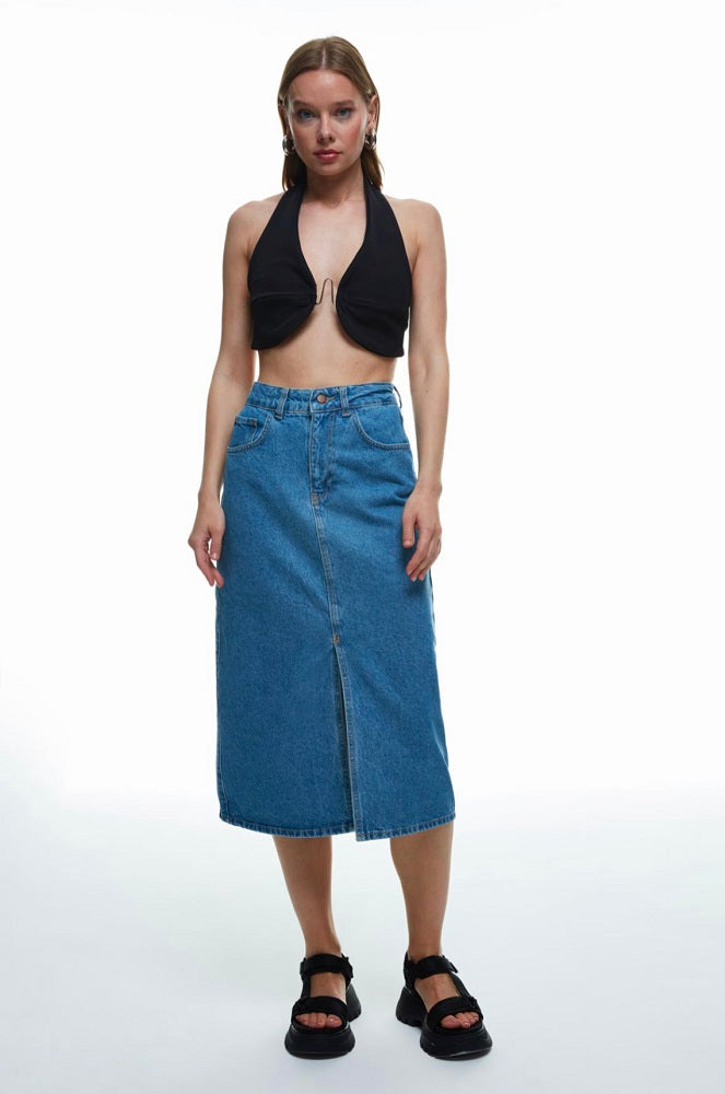 Jenive Blue Split Denim Skirt