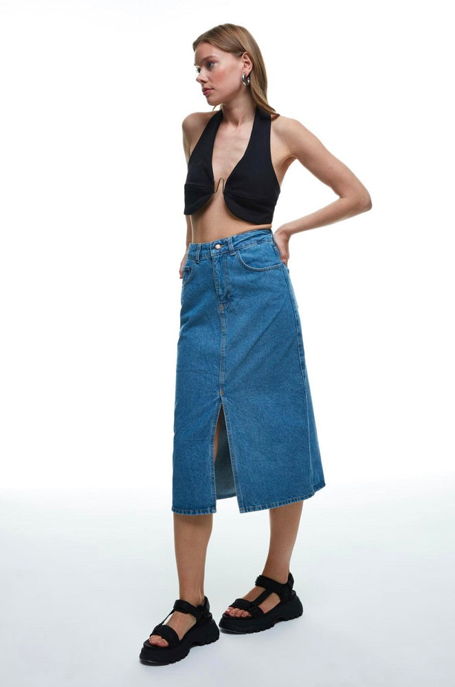 Jenive Blue Split Denim Skirt