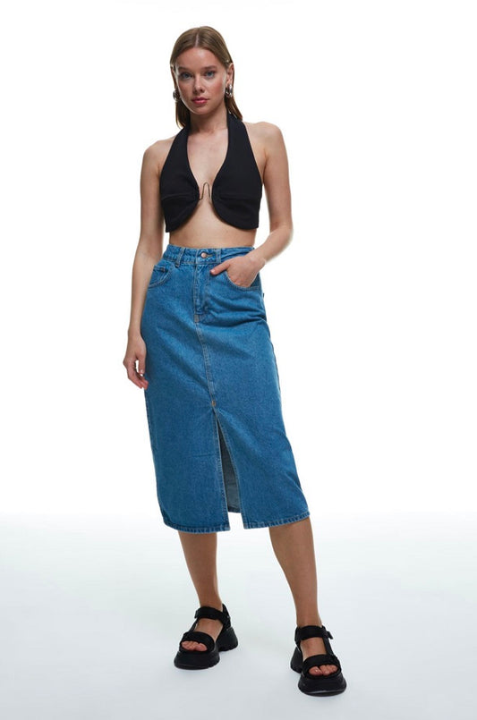 Jenive Blue Split Denim Skirt