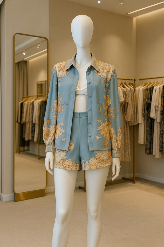 Light Blue Floral Printed Collar Shirt