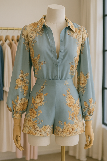 Light Blue Floral Printed Collar Shirt