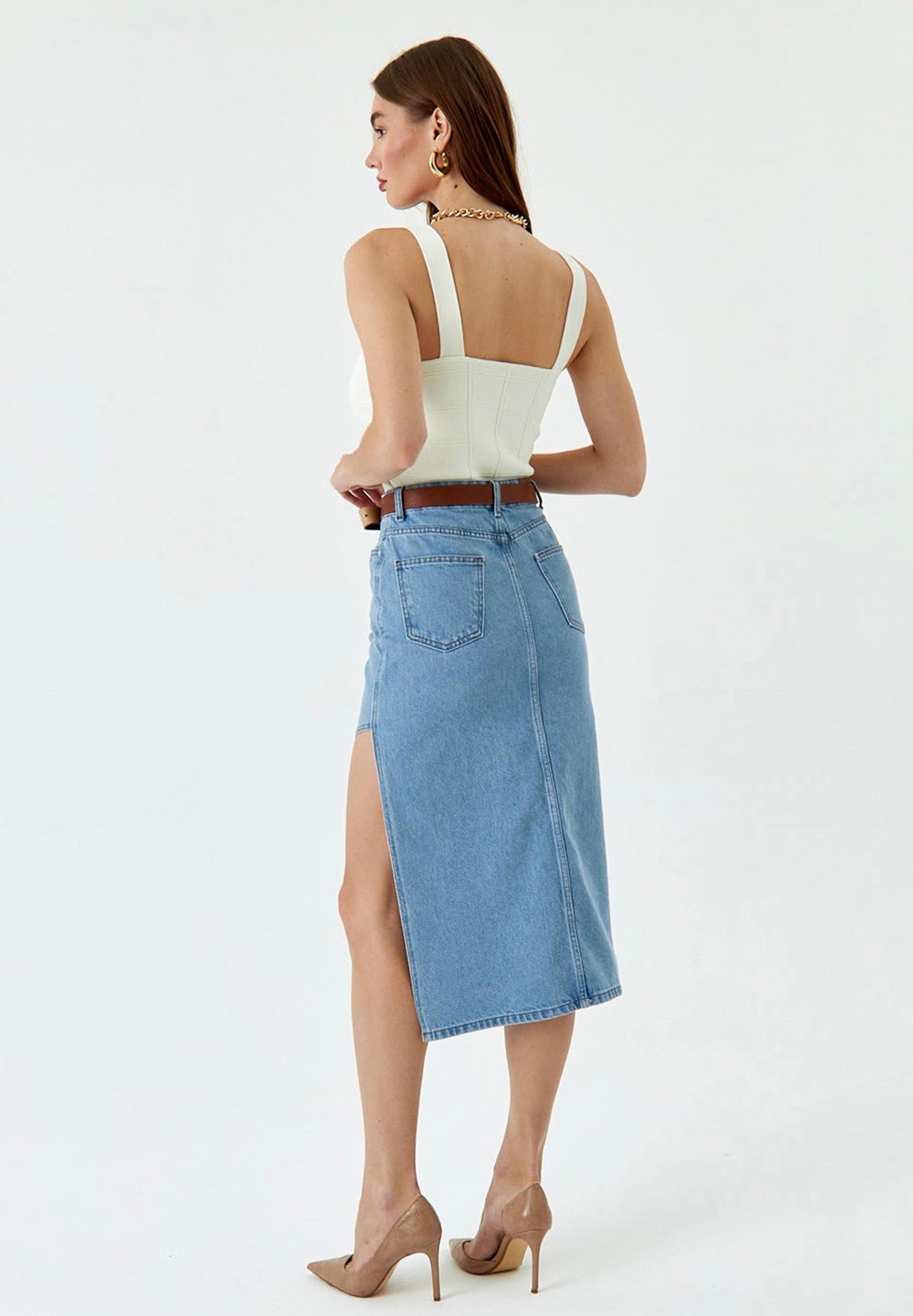 Light Blue Midi Cut-out Slit Skirt