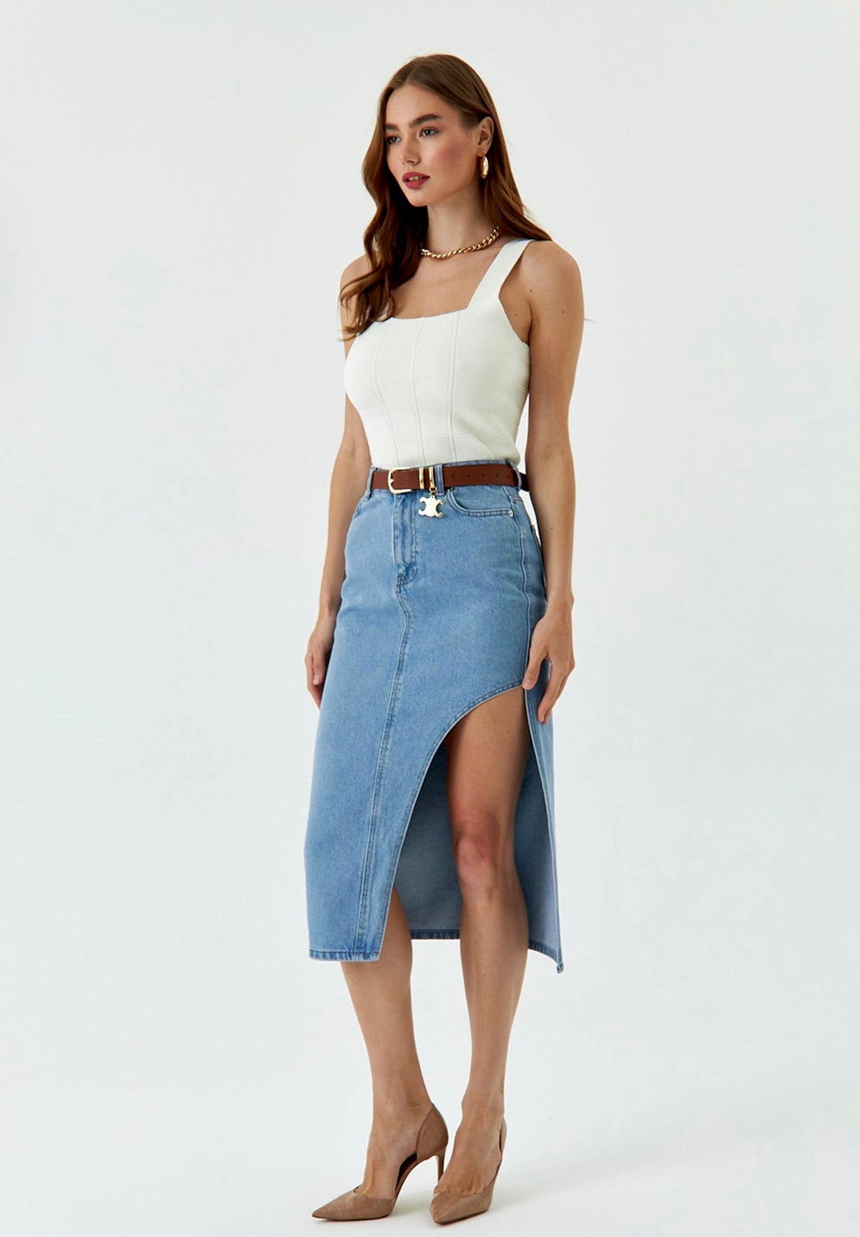 Light Blue Midi Cut-out Slit Skirt