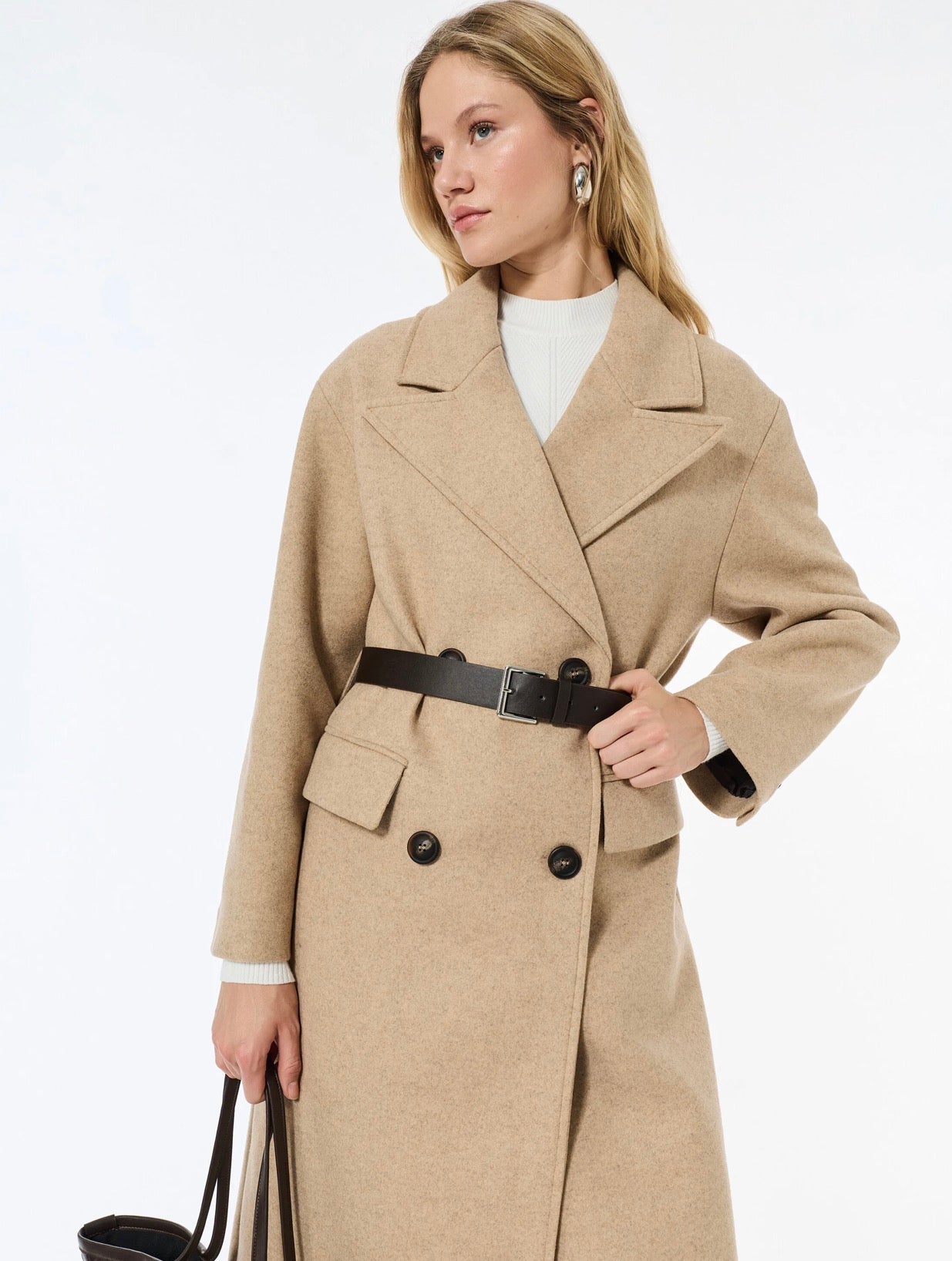 Light Brown Buttoned Midi Overcoat