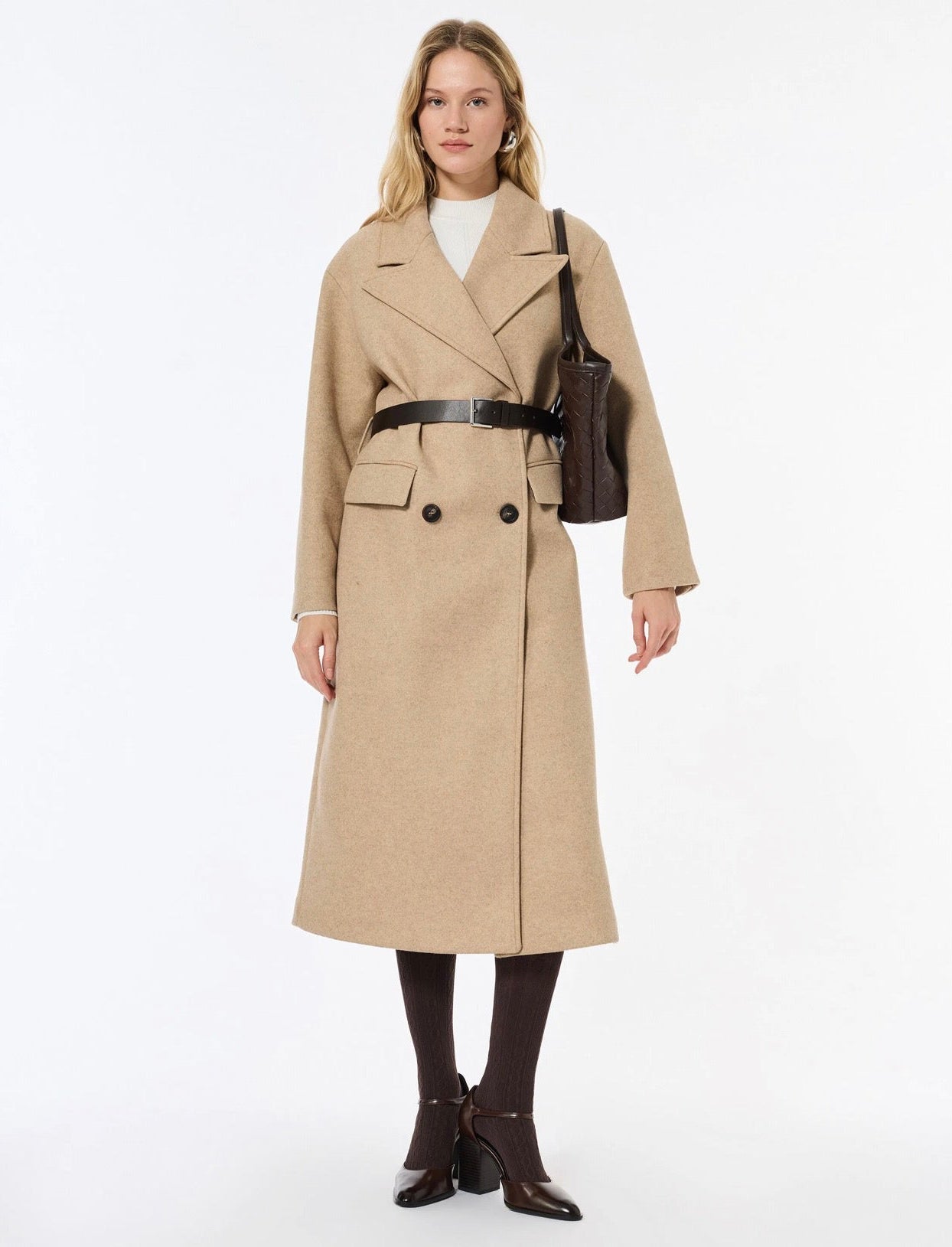 Light Brown Buttoned Midi Overcoat