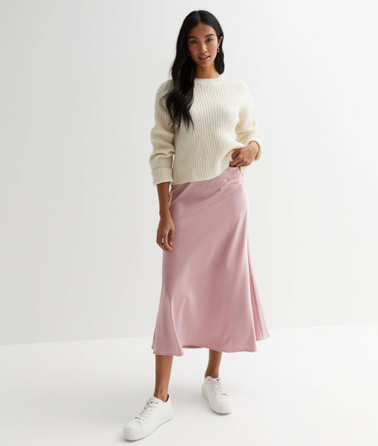 Blush Pink Satin Midi Skirt