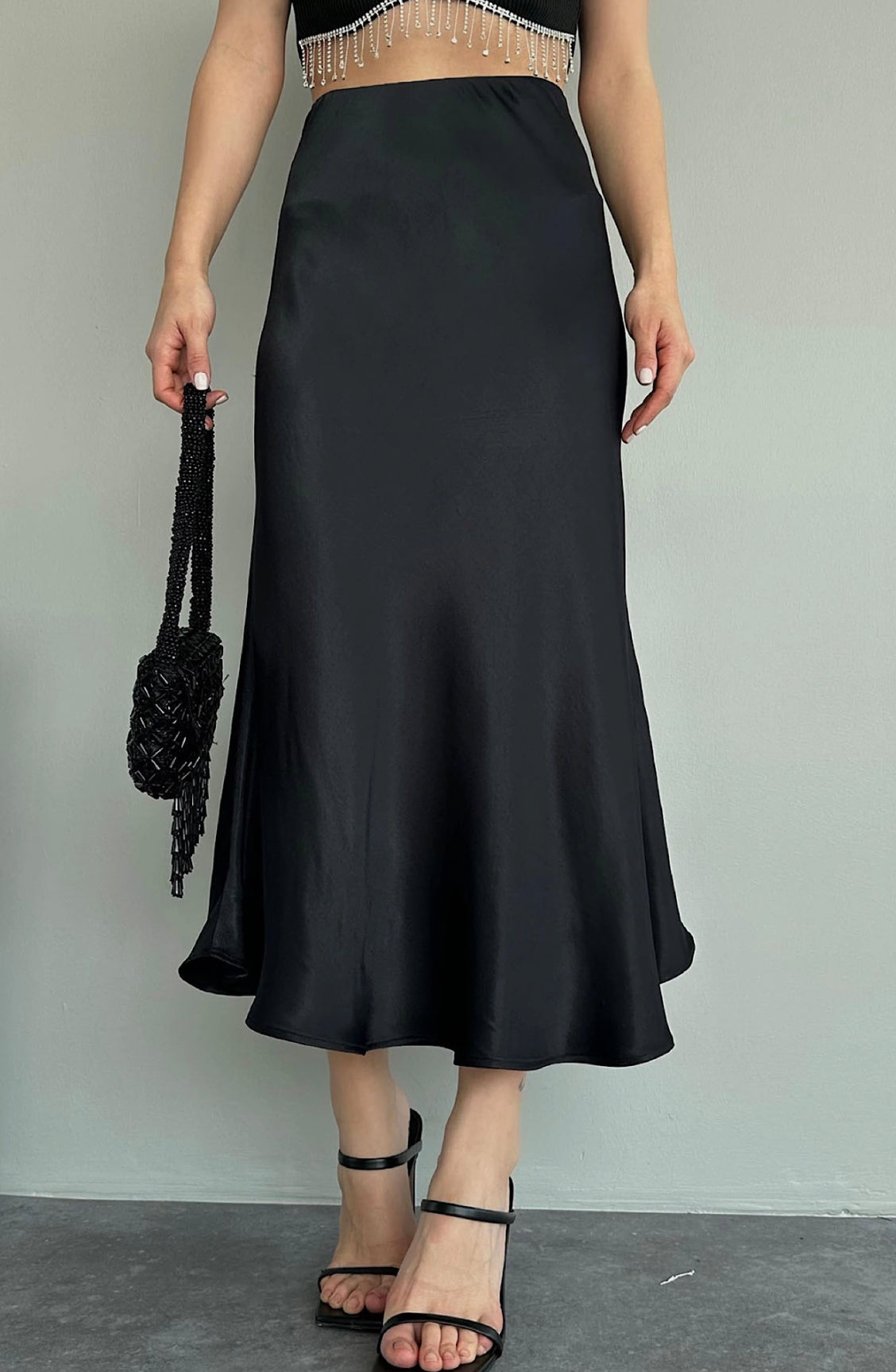 Triana Black Satin Midi Skirt