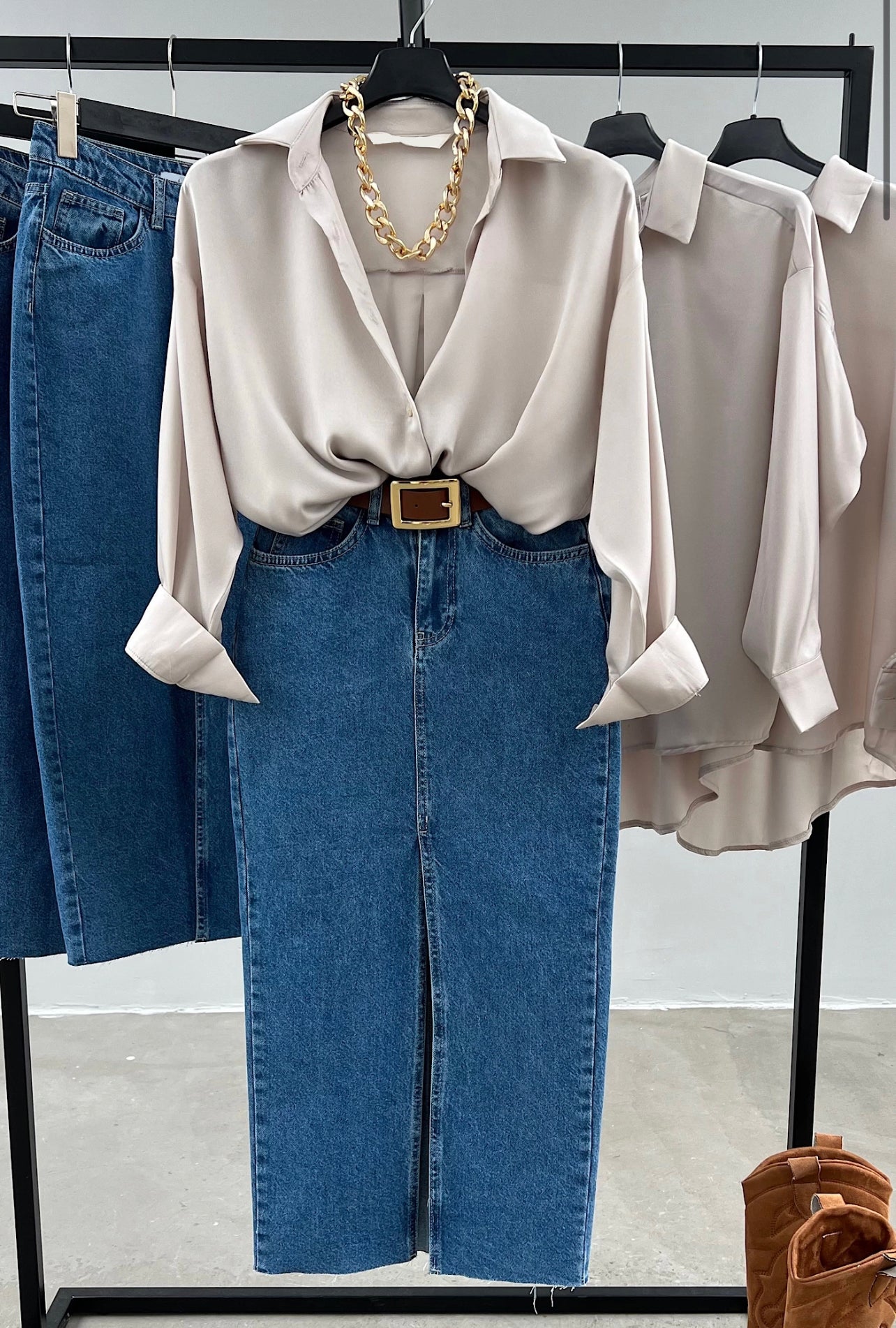 Olivia Grey Shirt & Denim Skirt Set