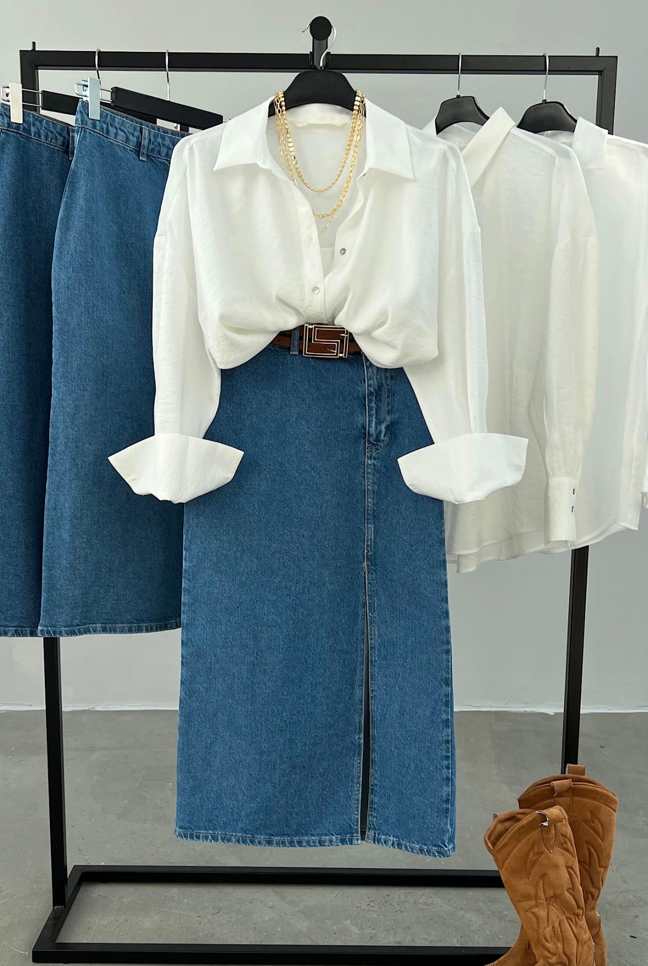 Jane White Satin Shirt & Denim Skirt Set