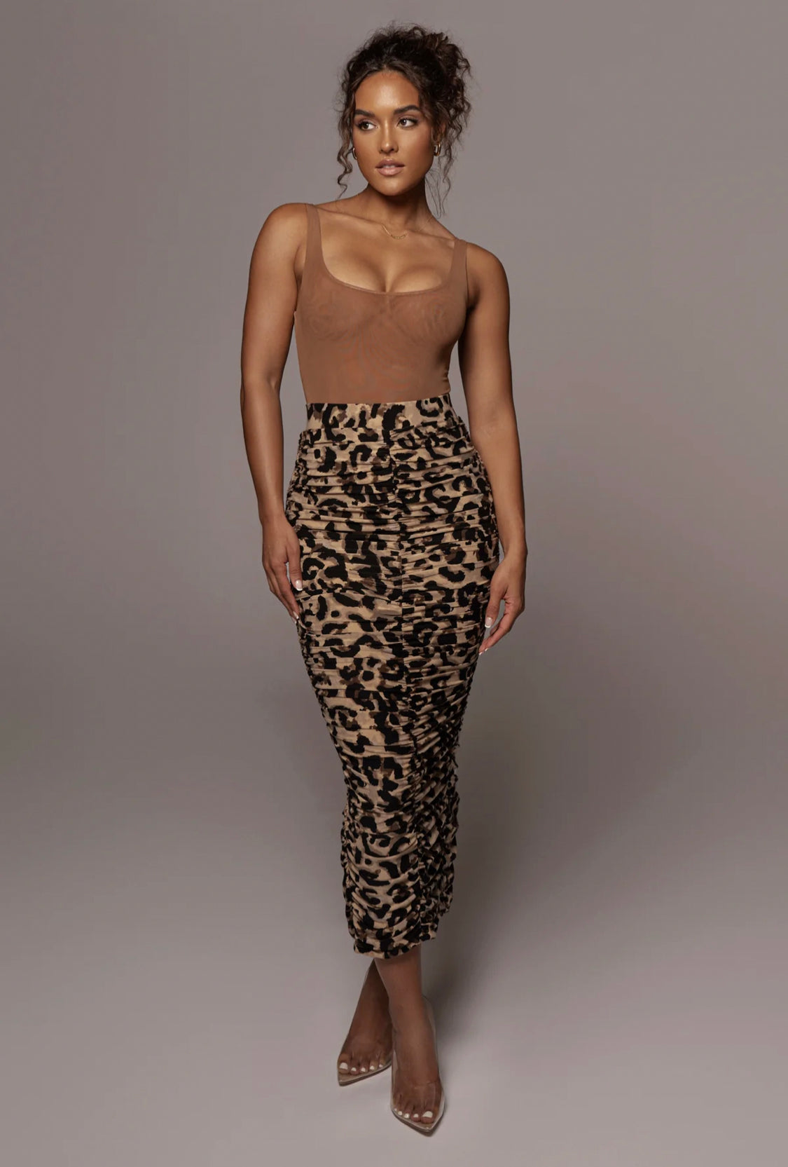 Selie Leopard Ruched Long Skirt