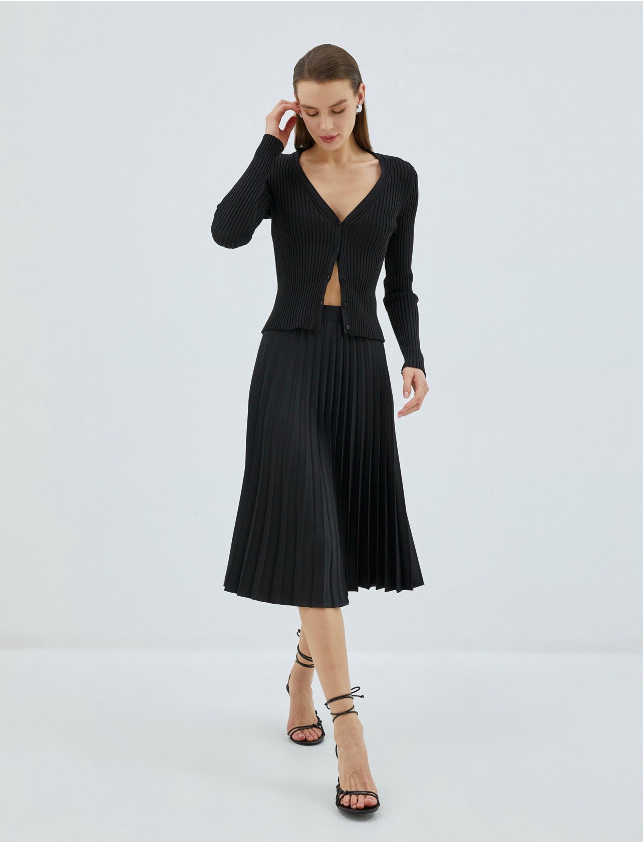 Stella Black Pleated Midi Skirt