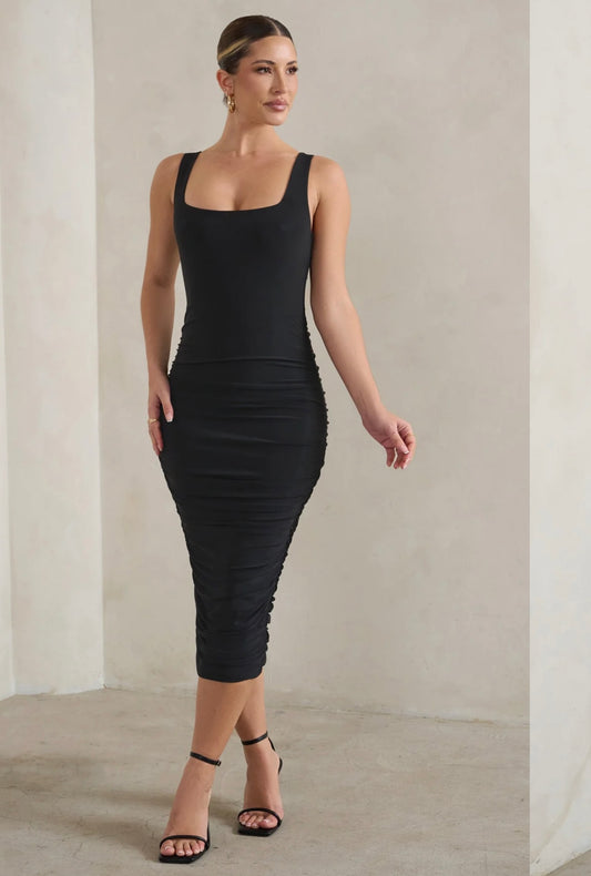 Fern Black Ruched Midi Dress