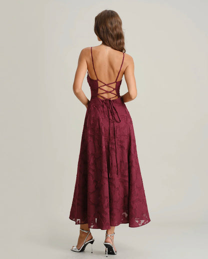 Maroon Floral Backless Slip Dress