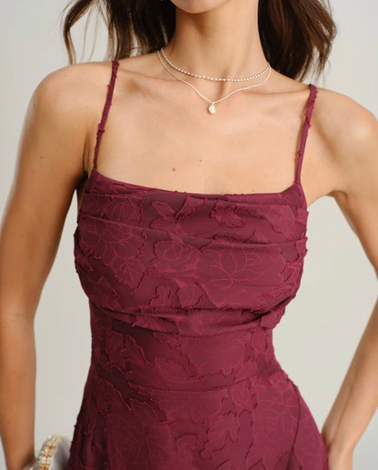Maroon Floral Backless Slip Dress