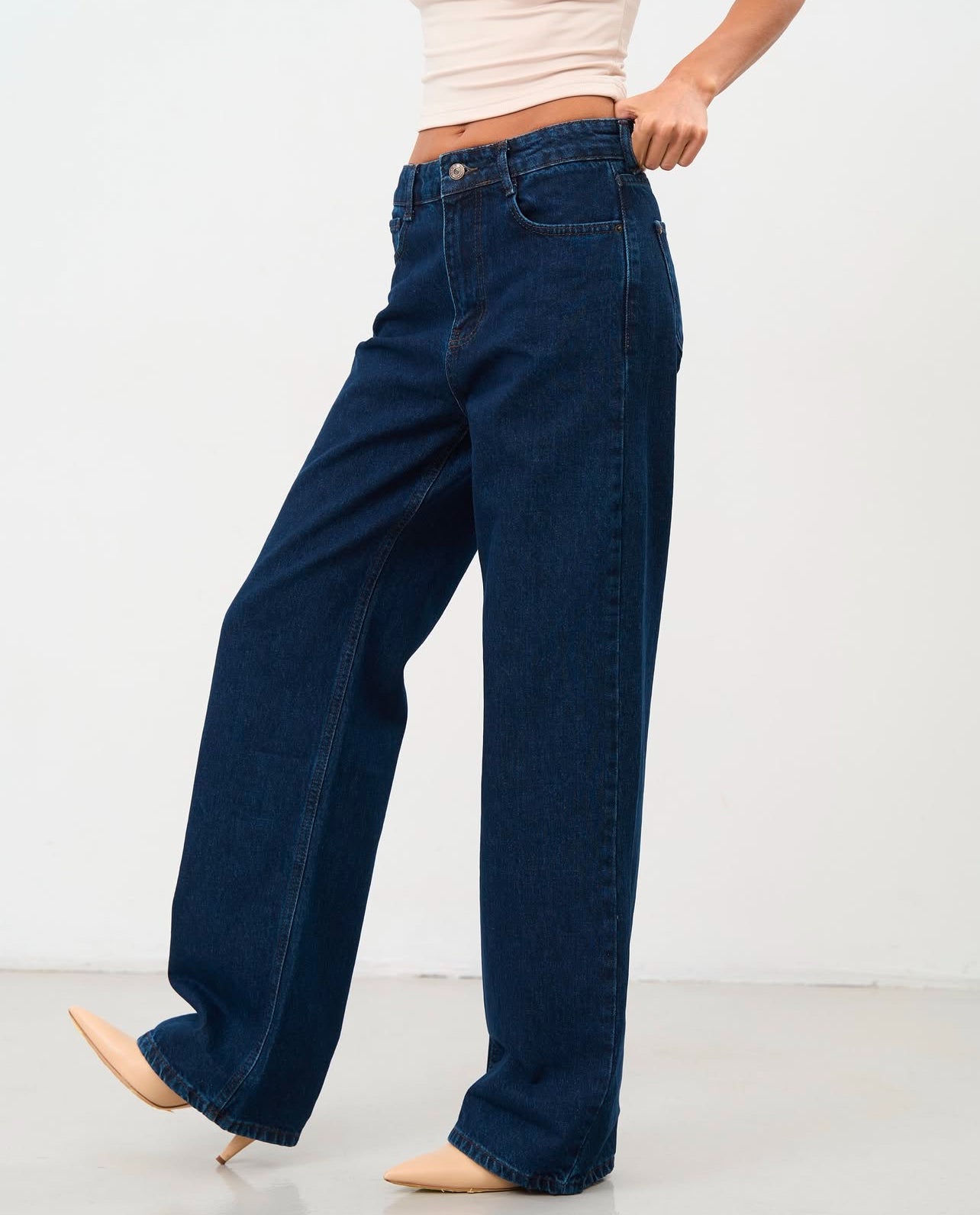 Navy Blue Wide Leg Cotton Jeans