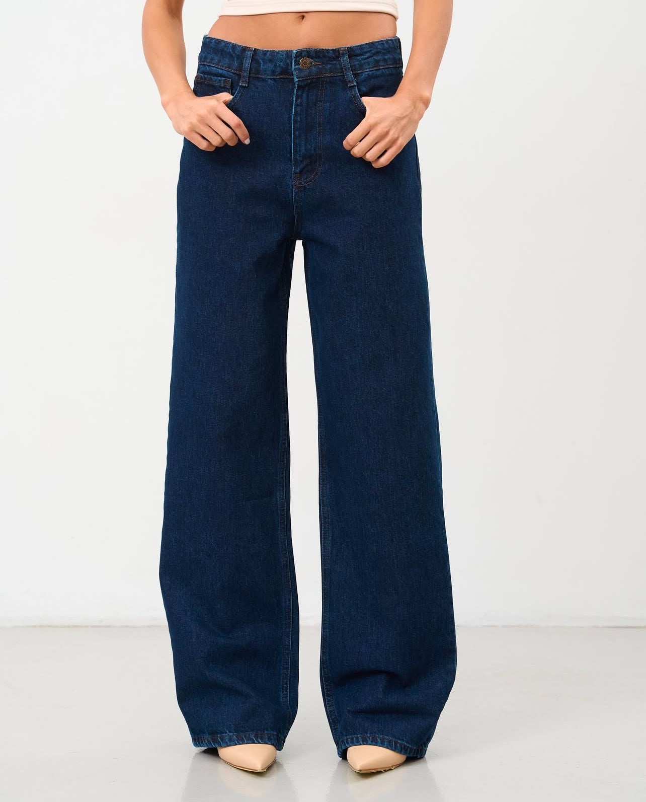 Navy Blue Wide Leg Cotton Jeans