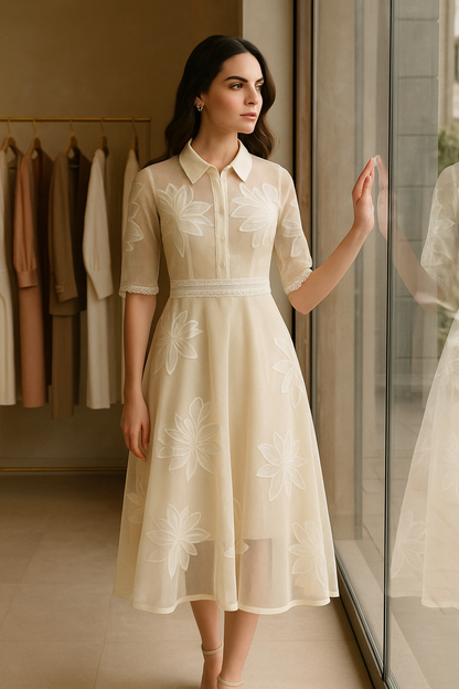Off White Embroidered Net Dress
