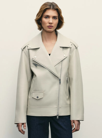 Off White Faux Leather Biker Jacket