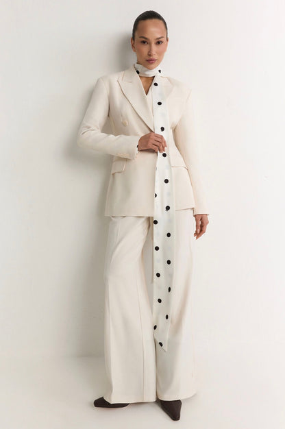 Off White Wide Tailored Trousers with high waist and wide-leg silhouette for women by Kochila Couture.