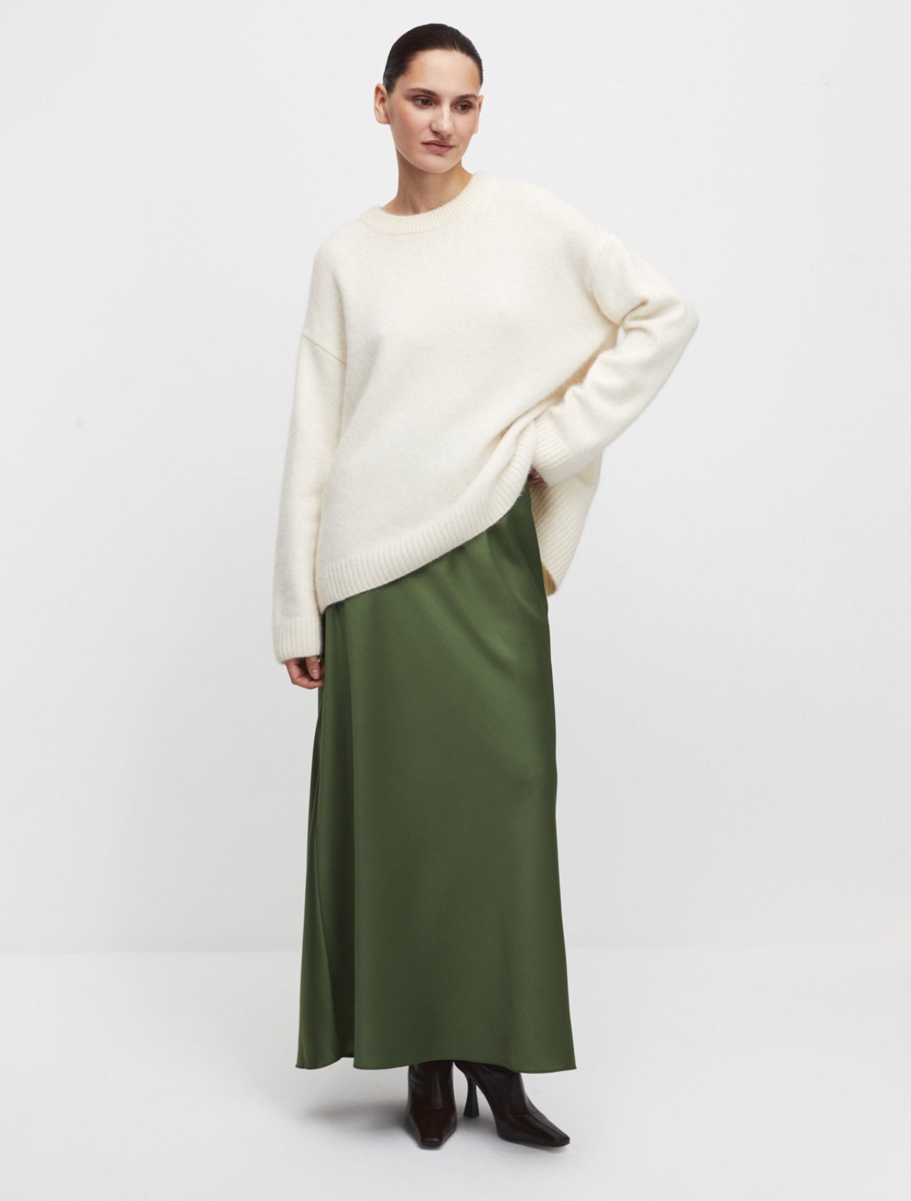 Olive Satin Maxi Long Skirt