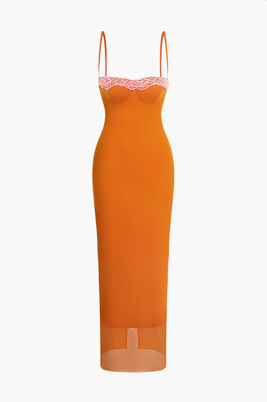 Orange Lace Detailed Cami Midi Dress