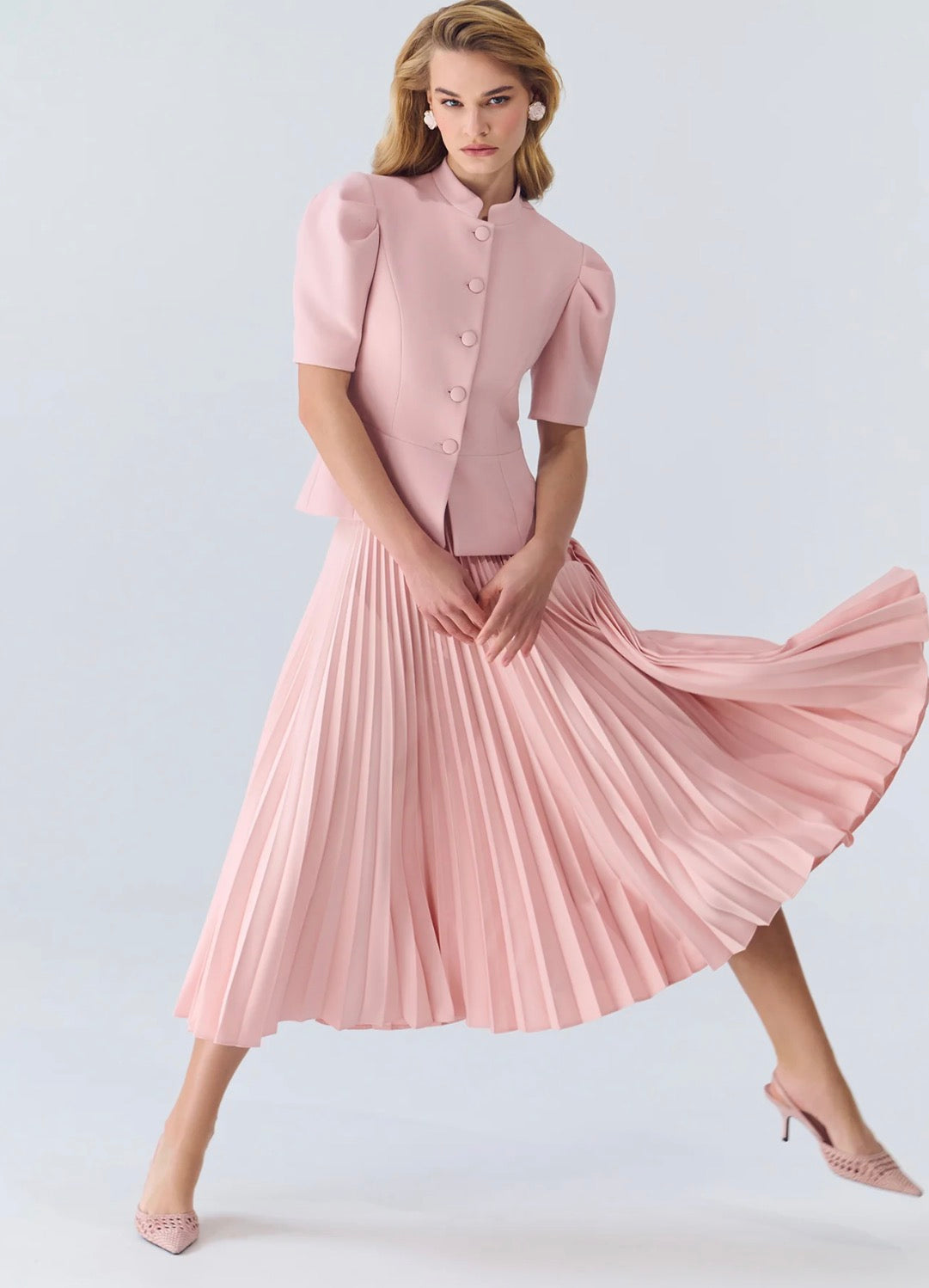 Peach Pleated Flared Long Skirt