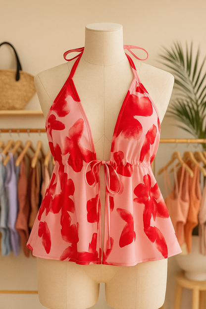 Red Floral Beach Top & Skirt Set