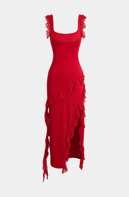 Red Ruffle Bodycon Slit Dress