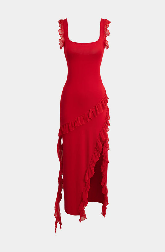 Red Ruffle Bodycon Slit Dress