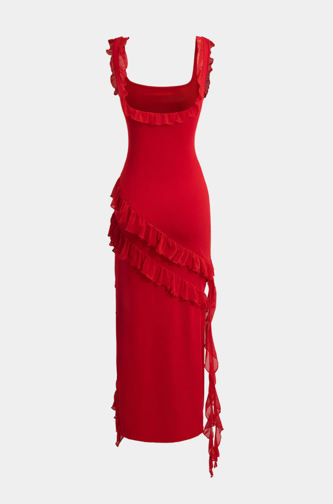 Red Ruffle Bodycon Slit Dress