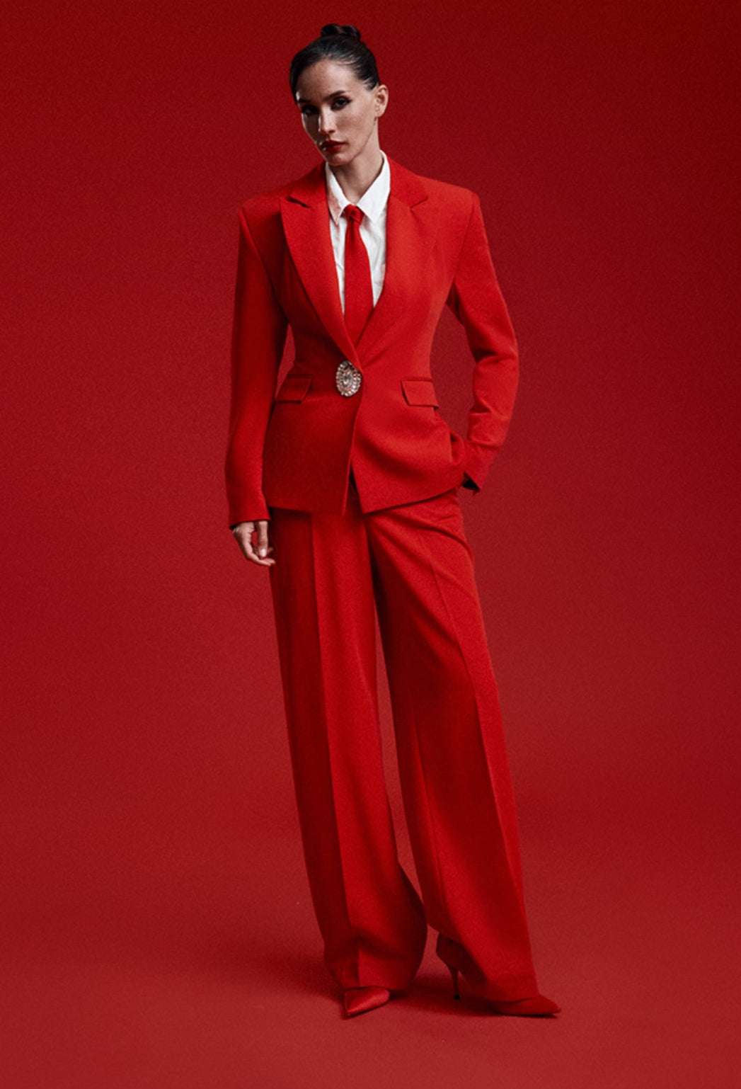 Red Straight Fit Tailored Trousers