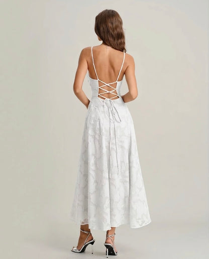 White Floral Backless Slip Dress
