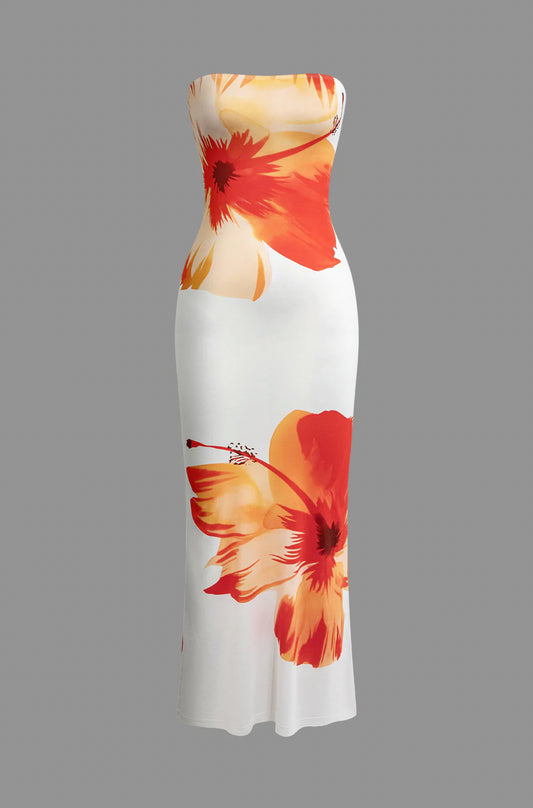 White Floral Printed Tube Midi Dress