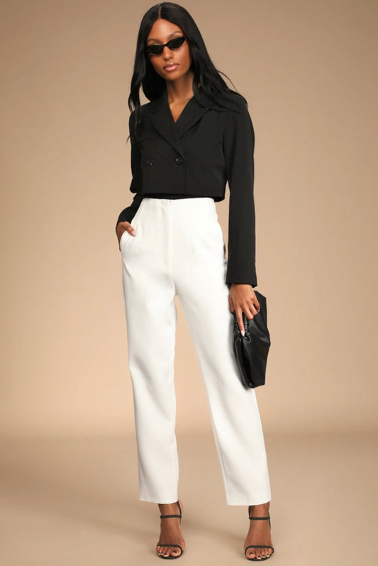 White Straight Leg Tapered Trousers