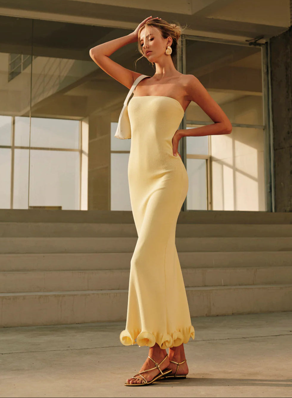 Yellow Ruffle Bodycon Maxi Dress โ Kochila Couture