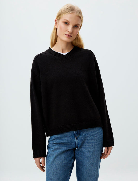 Black Fine Knitted V-neck Sweater