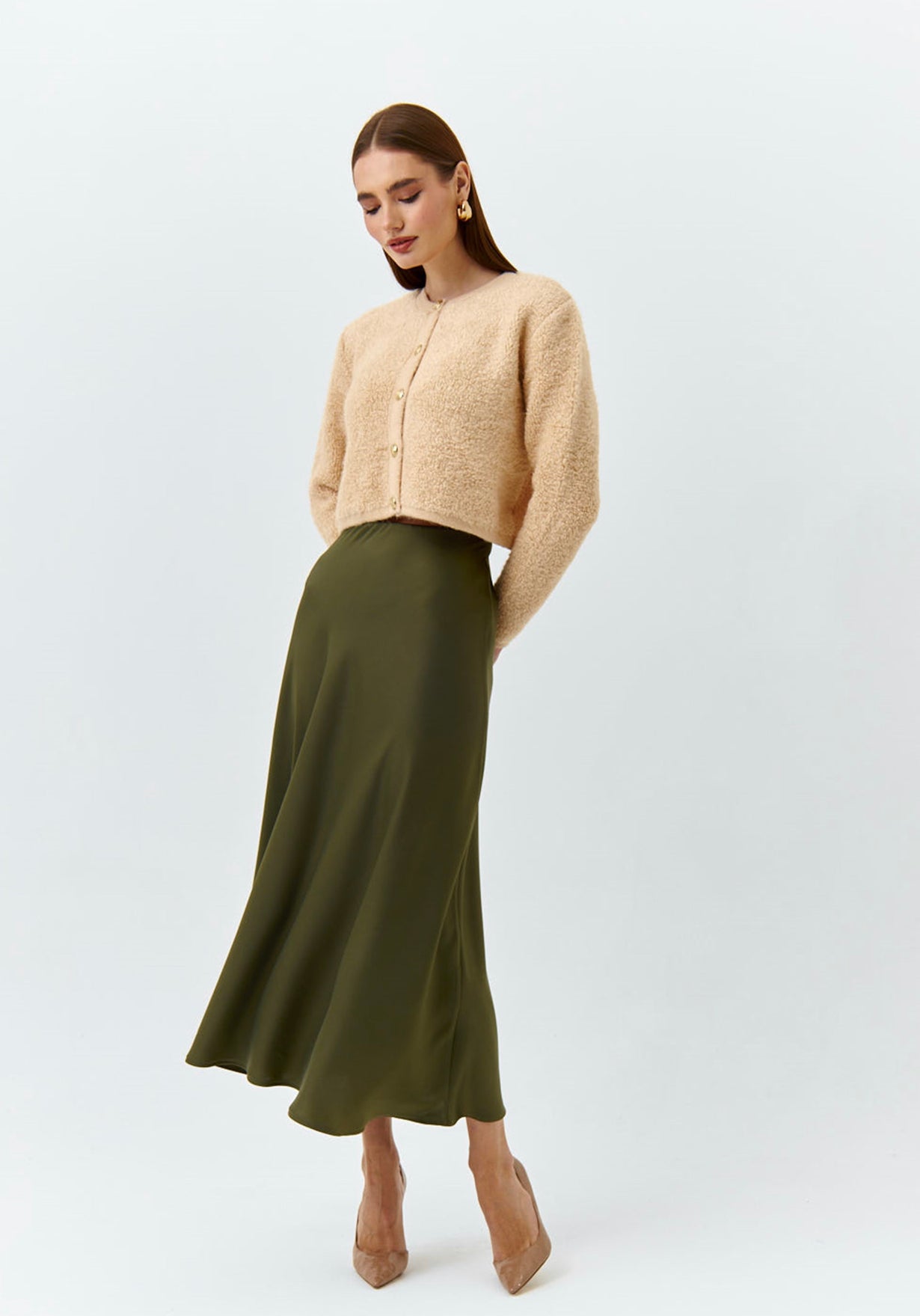 Claret Olive Satin Maxi Skirt