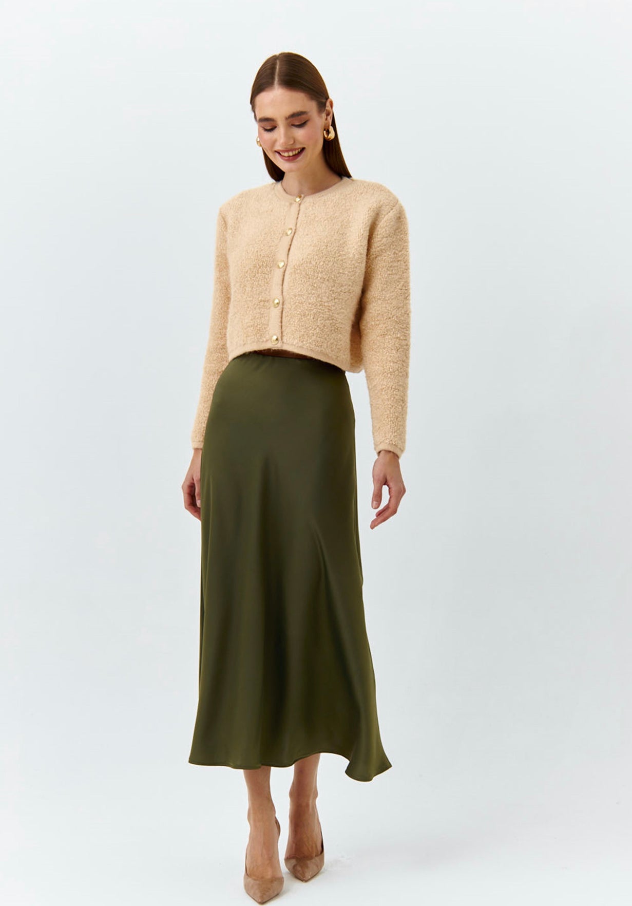 Claret Olive Satin Maxi Skirt