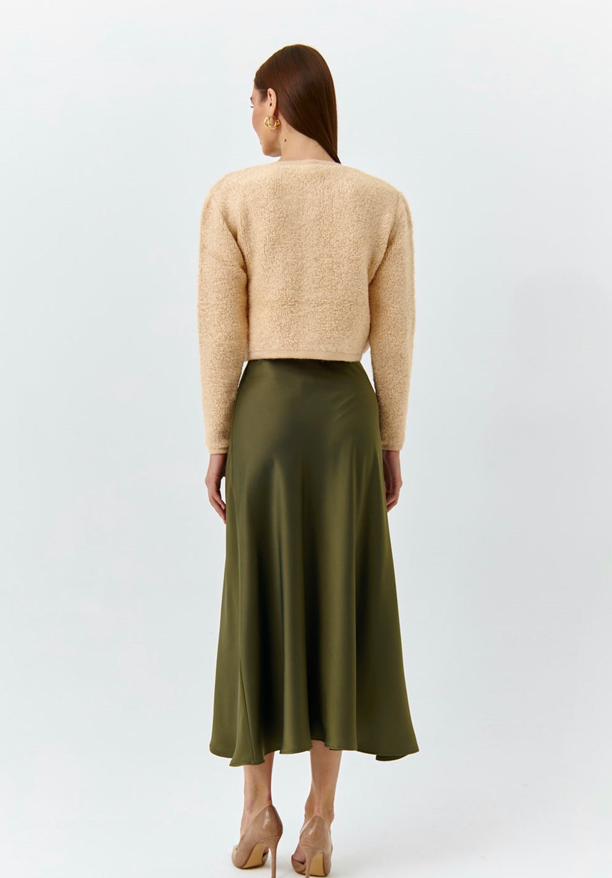 Claret Olive Satin Maxi Skirt