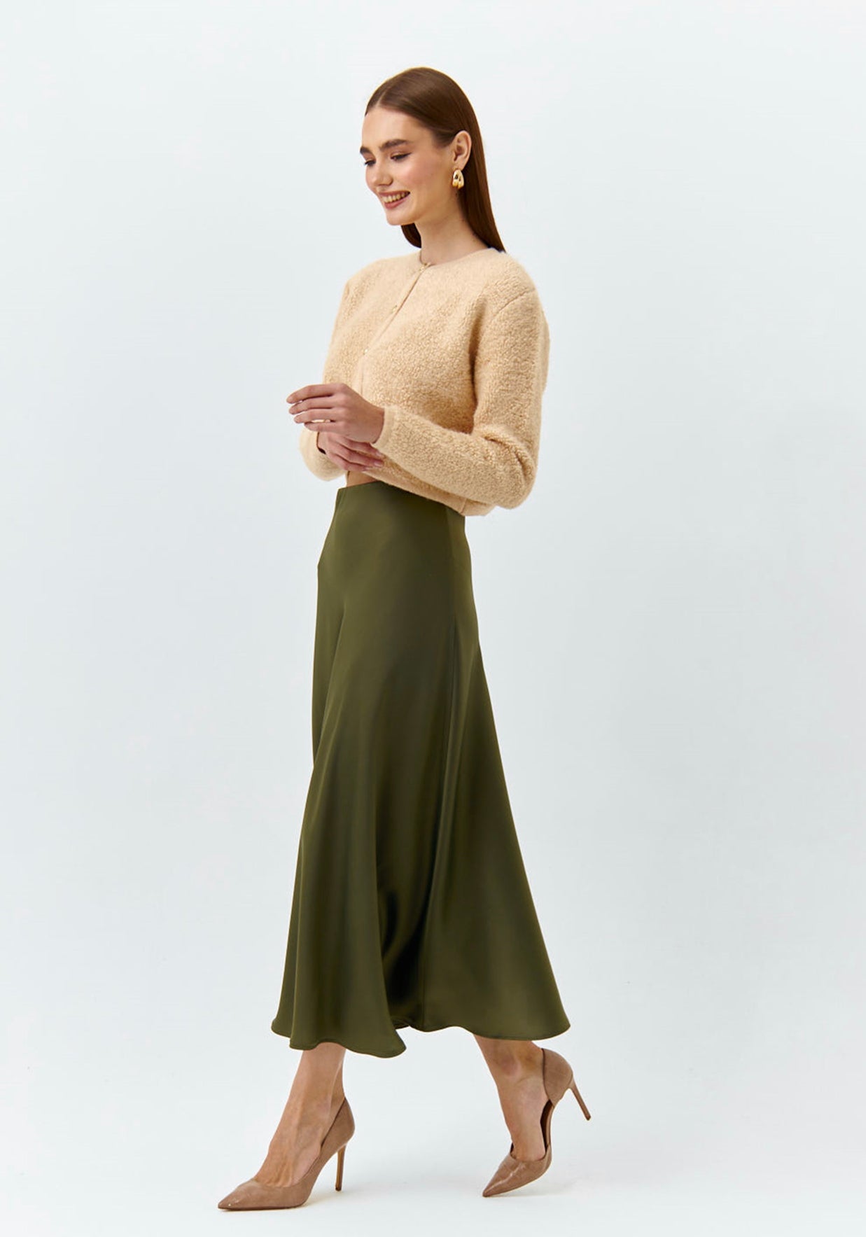 Claret Olive Satin Maxi Skirt