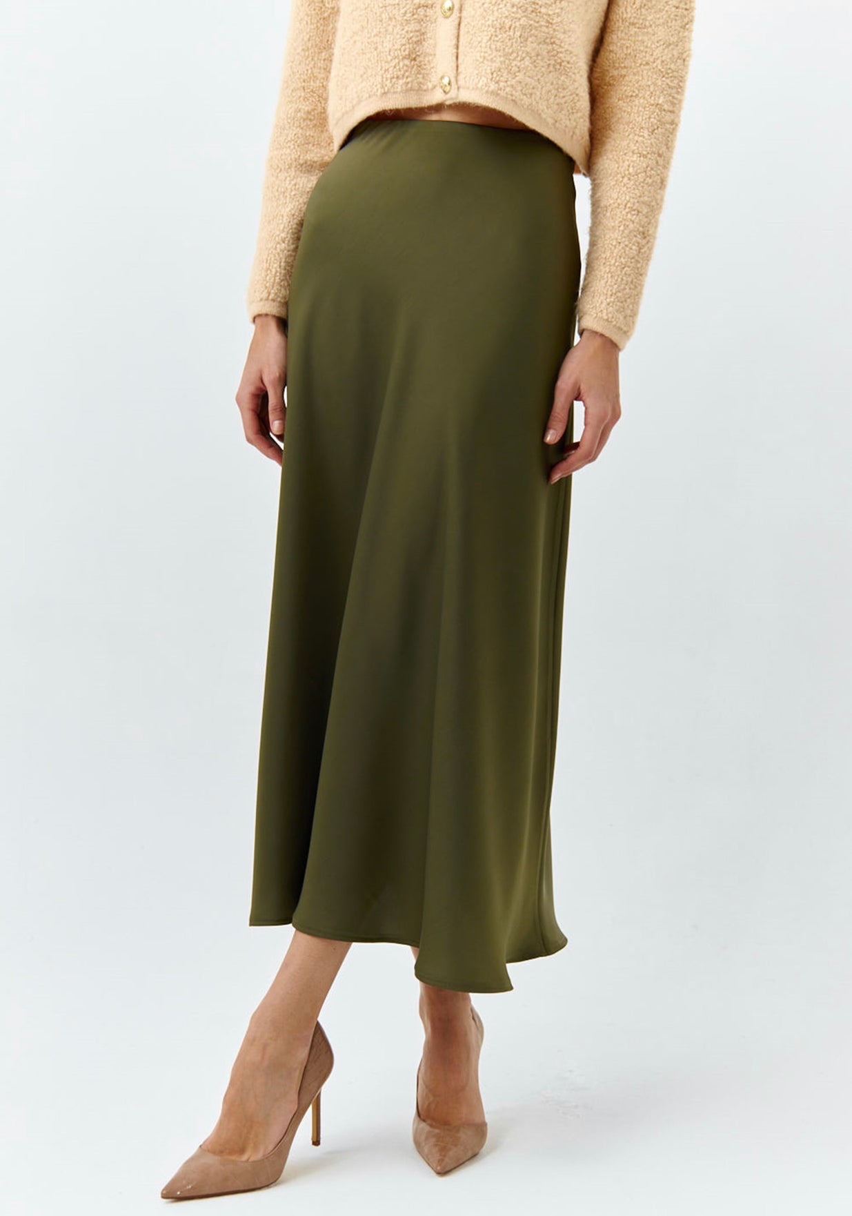 Claret Olive Satin Maxi Skirt