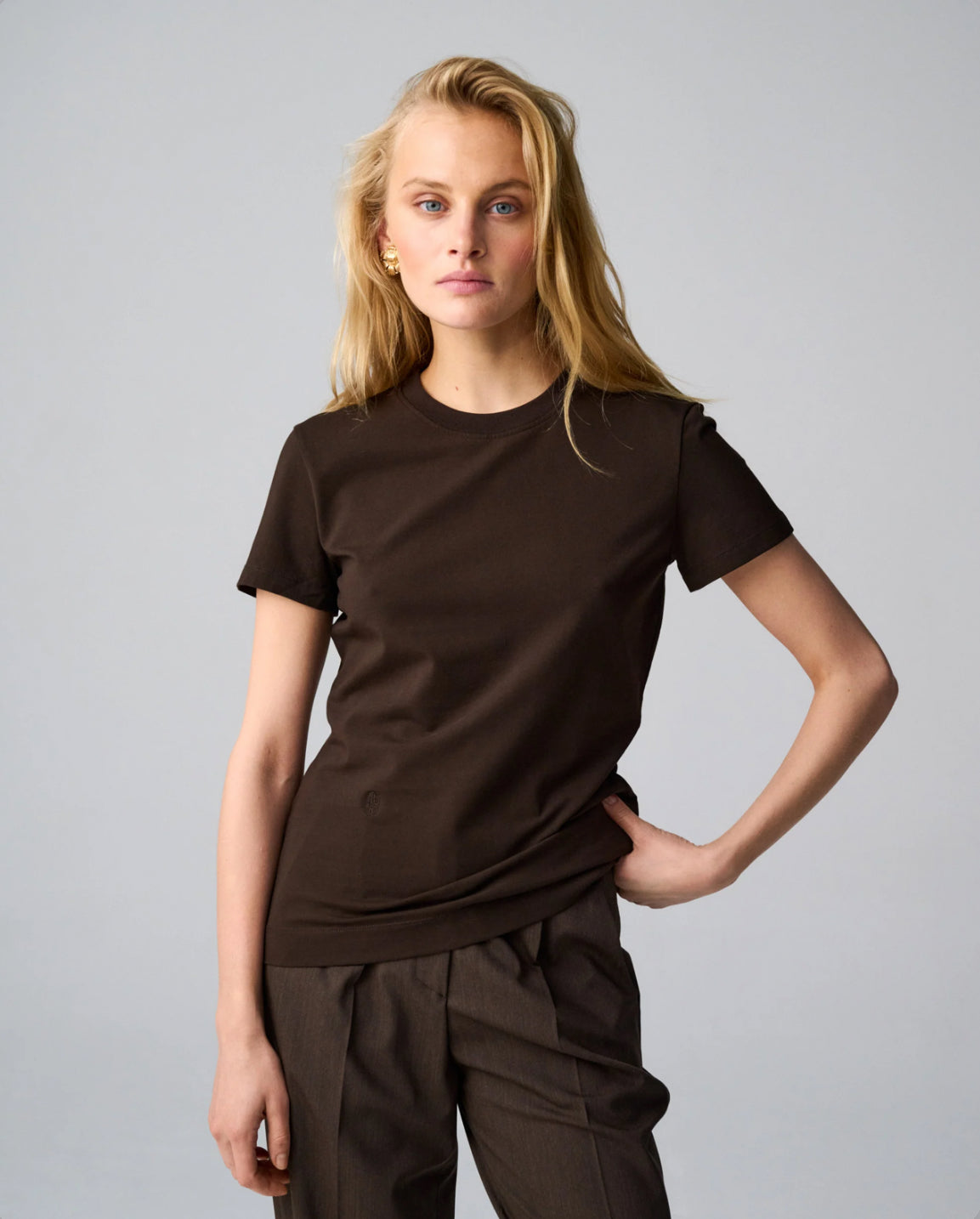 Brown Round Neck Cotton Tshirt